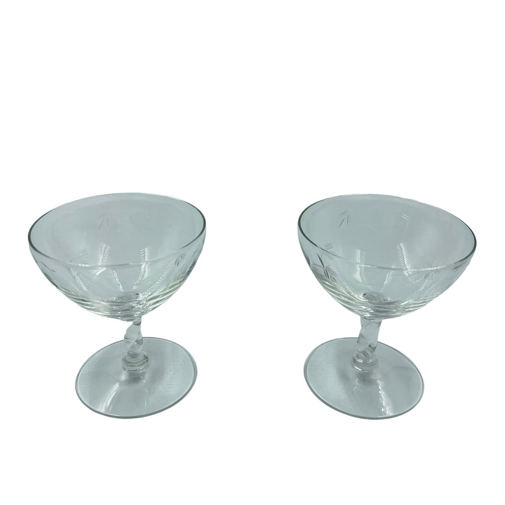 Vintage Clear Etched Champagne Wine Glasses‎ Floral Flower Set 2 MCM Midcentury